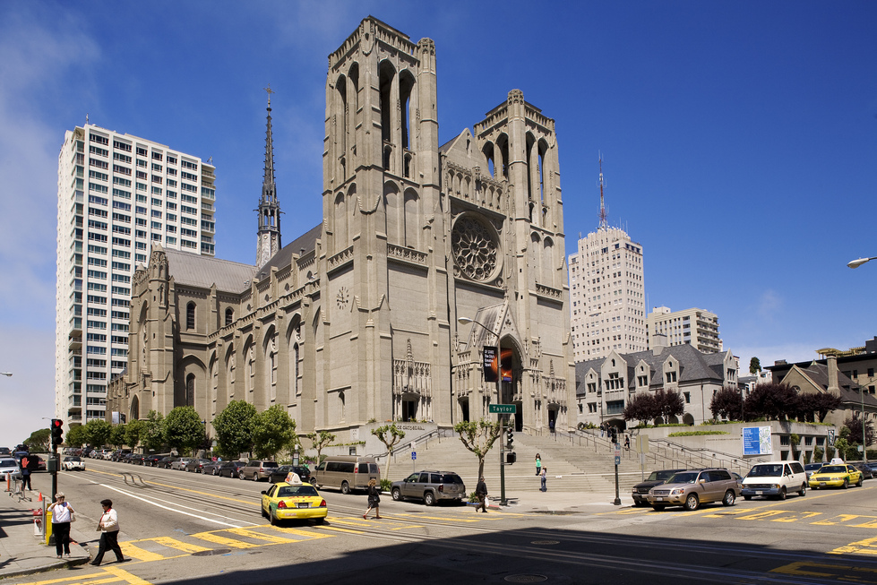 United States, California, San Francisco, Nob Hill, Grace Cathedral, Episcopal Church America architecture building structure California Christianity church crossroad daily life facade North America pedestrian people religion religious building San Francisco street scene traffic USA West States