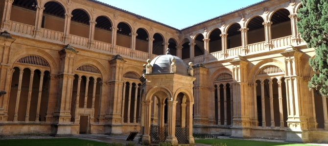 El claustro de procesiones o de los Reyes del convento de San Esteban de Salamanca se inicio hacia 1528 y se concluyó en 1544. Su autor fue fray Martín de Samaniego, religioso del convento. En la parte baja tiene 20 grandes arcos renacentistas, pero tratados al estilo gótico tardío; cada ventanal está dividido por tres maineles con capiteles angulares tallados con grutescos, monstruos, putti, etc. Los pilares están decorados con medallones de profetas del Antiguo Testamento, en su mayor parte mutilados. En cada ángulo hay una hornacina con representaciones de la infancia de Cristo. La bóveda es de crucería, de estilo gótico tardío y, está construida a base nervios sencillos que arrancan de ménsulas decoradas hasta llegar a entrelazarse. En la planta baja hay además varias puertas barrocas (siglo XVII), así como vestigios del antiguo claustro (siglos Xiii.XIV). El piso superior está cerrado con madera sencilla. Sus 40 arcos de medio punto descansan sobre pilares de sección cuadrada. Los capiteles se decoran con esculturas de inspiración clásica y religiosa. El exterior está decorado con medallones en los que están representados guerreros, monjes y alguna mujer. Las pilastras se rematan con putti, Hércules y Venus de cuerpo entero que portan florones y otros objetos. La decoración del ala Este es mucho más sencilla debido a que se derrumbó en 1591 y fue reparada entre 1594 y 1595. (Folleto turístico del convento de San Esteban)